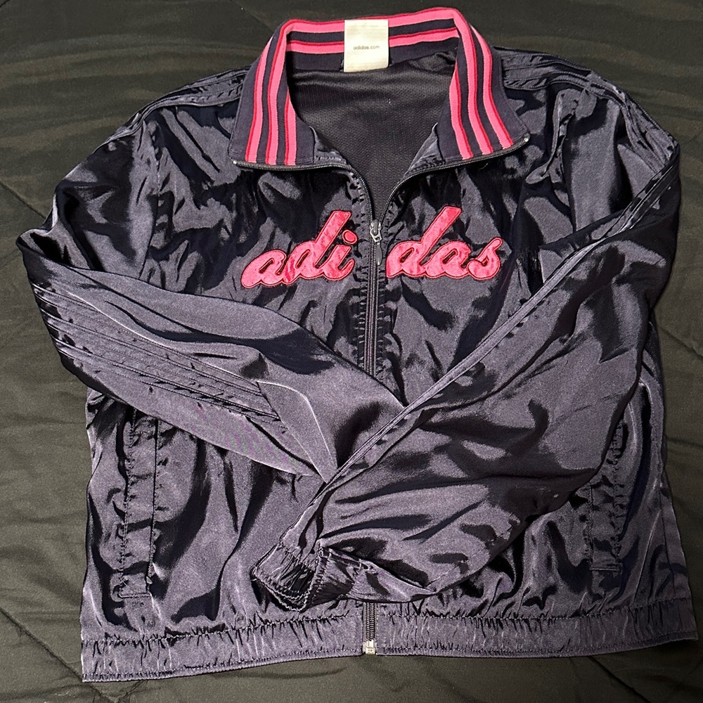 Vintage Adidas Women's Shiny Navy Jacket with Red and Pink Accents